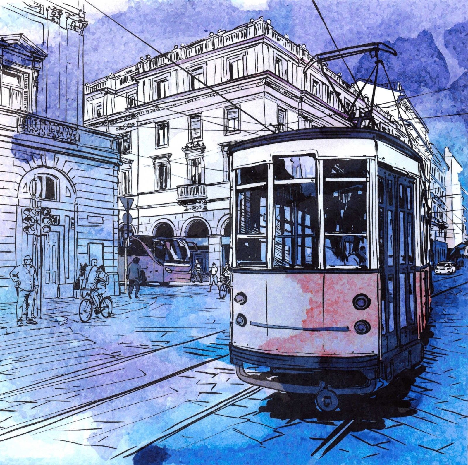 Фотообои Рисунок трамвая в городе на стену - купить в СПб недорого от 390  руб. Флизелиновые и виниловые. На заказ без предоплаты