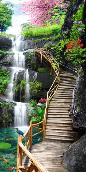 Фотообои Лестница и водопад на стену - купить в СПб недорого от 390 руб. Флизелиновые и виниловые. На заказ без предоплаты